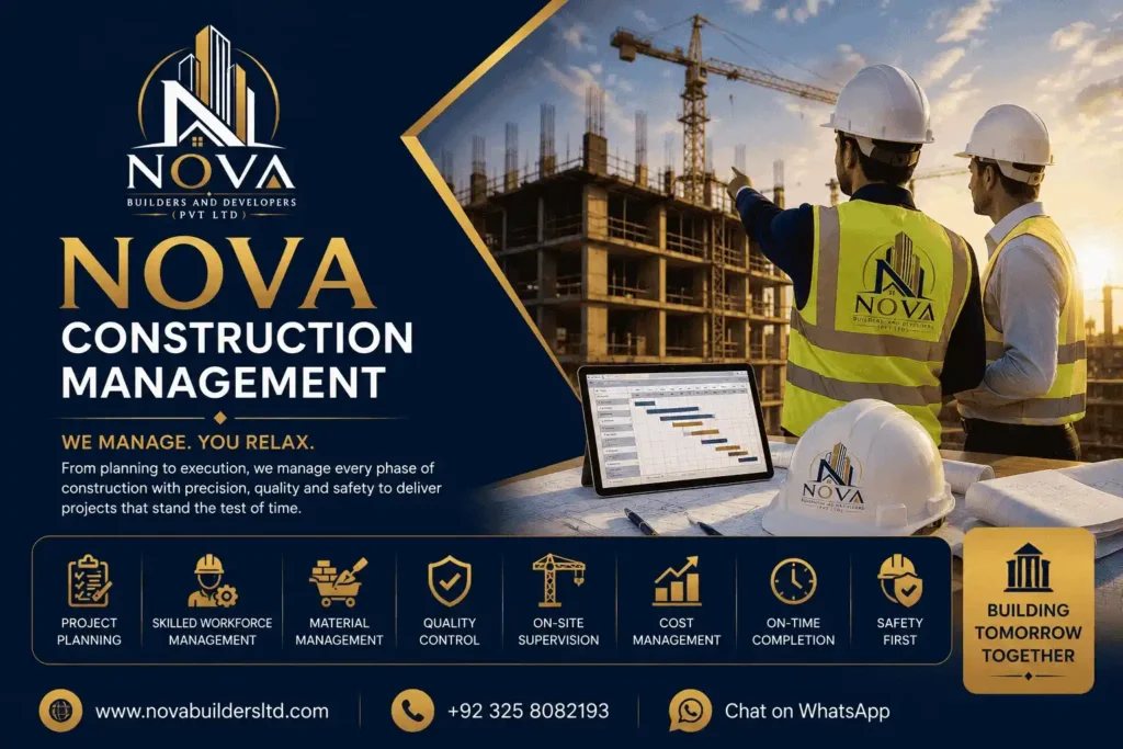 Professional construction management services in Lahore for residential and commercial projects. Nova Builders manages planning, quality, costs and execution.