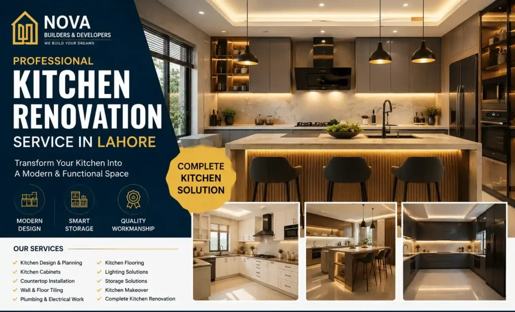Professional kitchen renovation in Lahore by Nova Builders & Developers — modern kitchen with island, pendant lighting, and custom cabinetry